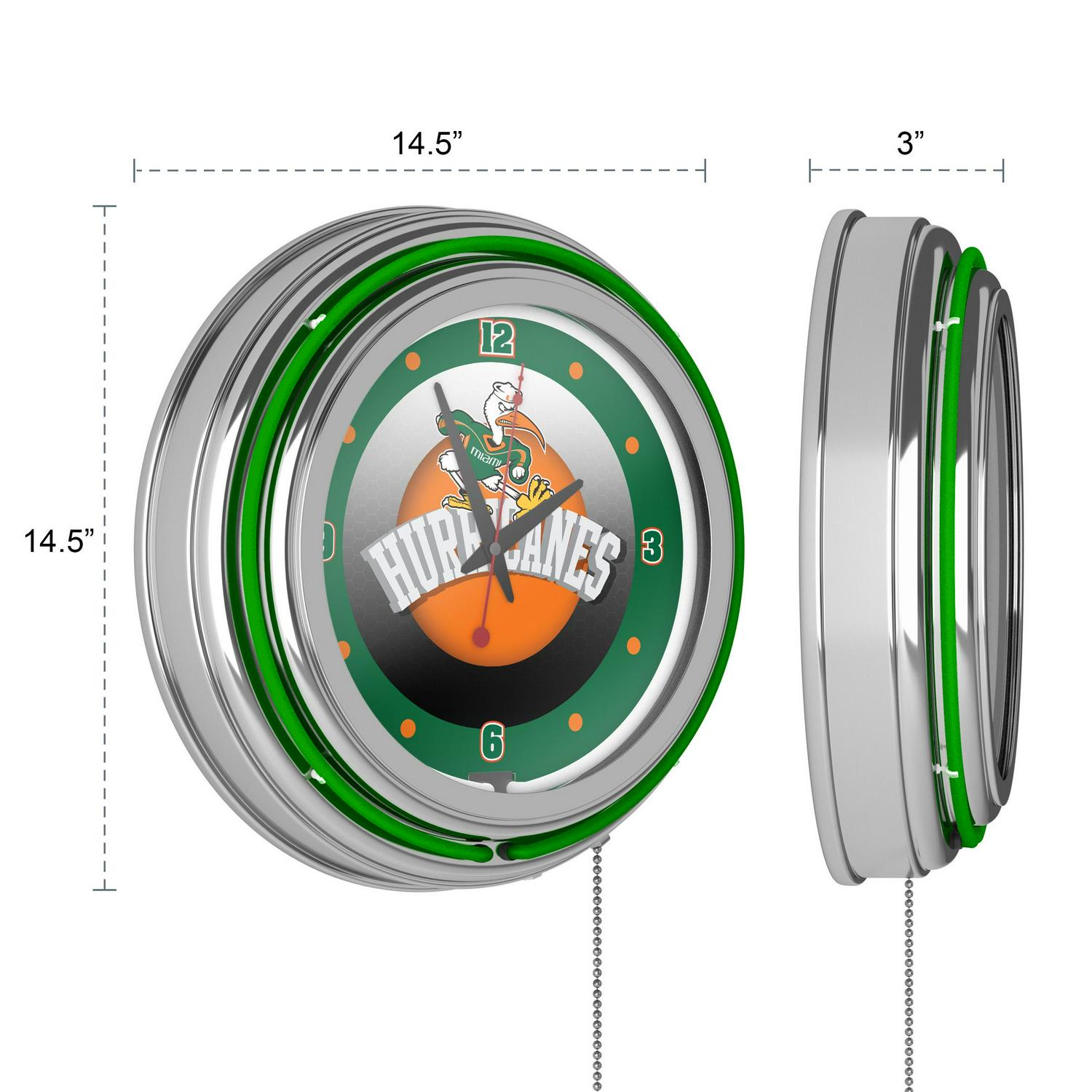 University of Miami Chrome Double Rung Neon Clock  Honeycomb