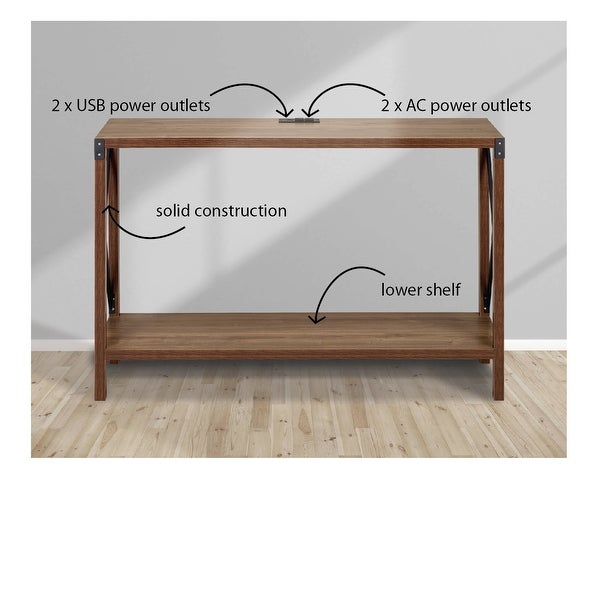 Industrial Rectangular Wood Console Table with AC Power and USB Charging Ports， Walnut