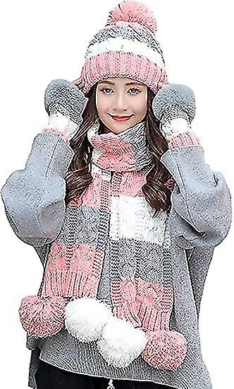 Womens Winter Hat Scarf Gloves Knit Set，thick Warm Fleece Lined Thermal Set For Girls3pcspink