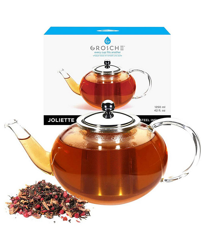 GROSCHE Joliette Hand Blown Glass Teapot with Stainless Steel Infuser 42 fl oz Capacity