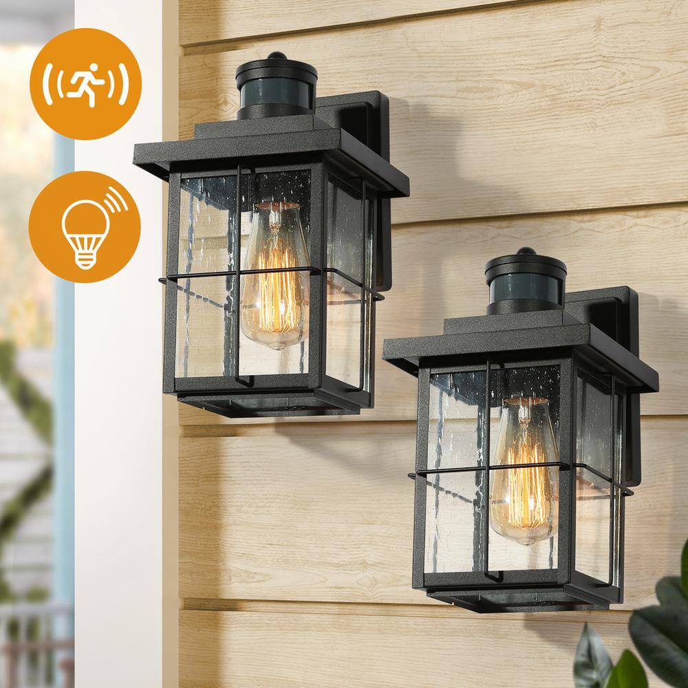 LNC Modern Black Motion Sensing Outdoor Sconce with Seeded Glass Shade Farmhouse 1-Light Front Door Wall Lantern (2-Pack) EV26JRHD1745DG8