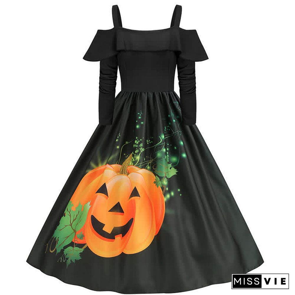 Halloween Printed Off The Shoulder Long Sleeve Dress