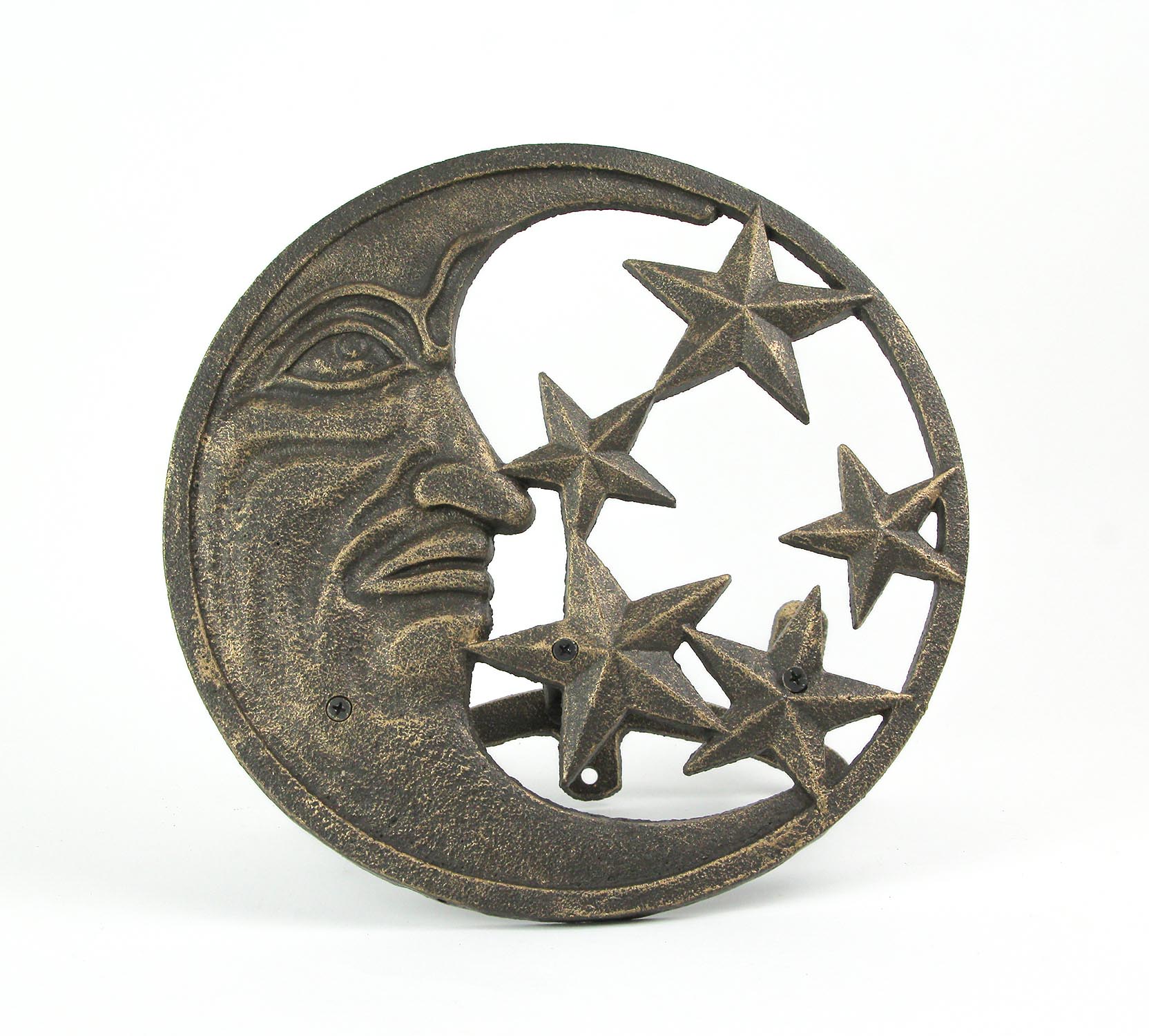 Zeckos Cast Iron Crescent Moon and Stars Wall Mounted Garden Hose Holder Bronze Finish