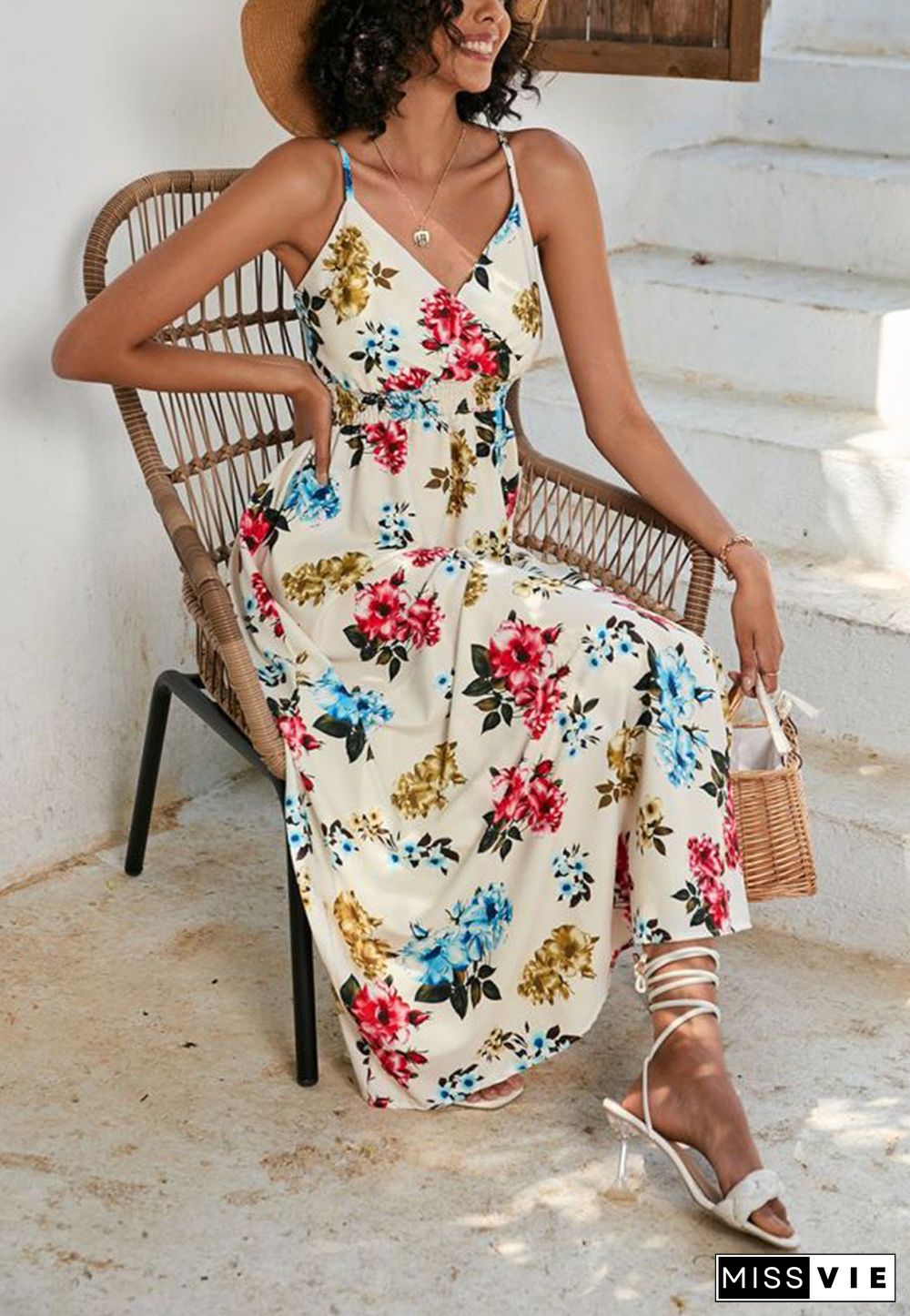 Tropical Leaf Print Surplice Neck Dress