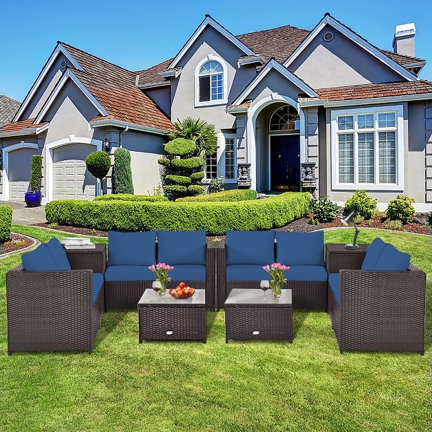 Costway 8pcs Outdoor Patio Rattan Furniture Set Cushioned Loveseat Storage Table Navy