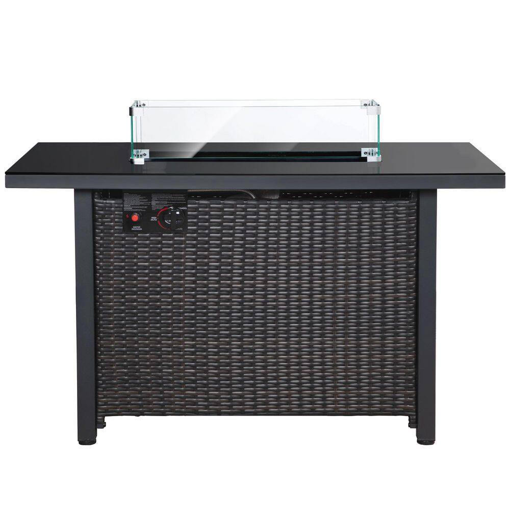 Afoxsos 43 in. W x 22 in. D x 25 in. H Outdoor 50000 BTU Rattan and Metal Propane Fire Pit Table with Glass Wind Guard Lid HDMX1749