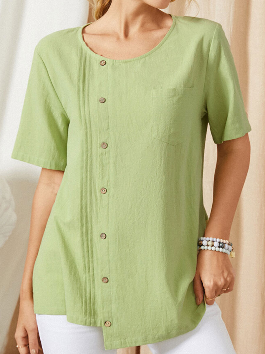 Round Neck Casual Loose Solid Color Short-sleeved Blouse