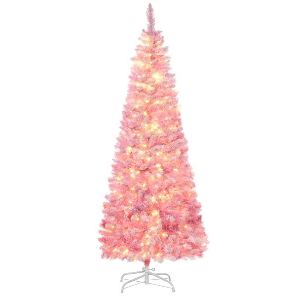 Prelit 6ft/7.5ft Slim Snow Flocked Artificial Christmas Tree with Realistic Branches and AutoOpen Design，Pink Decor