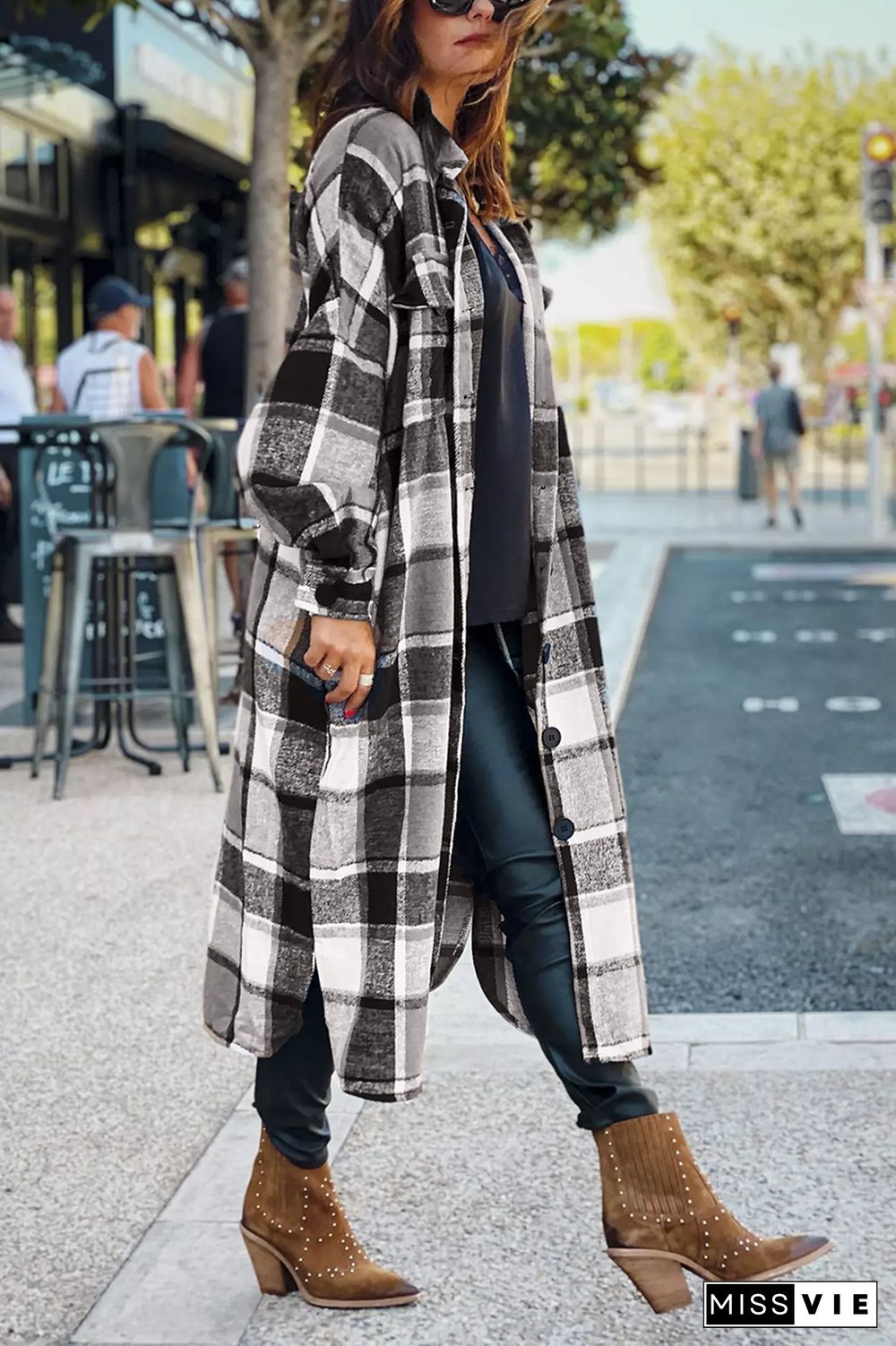 KarliDress Lapel Plaid Print Woolen Long Coat P12611