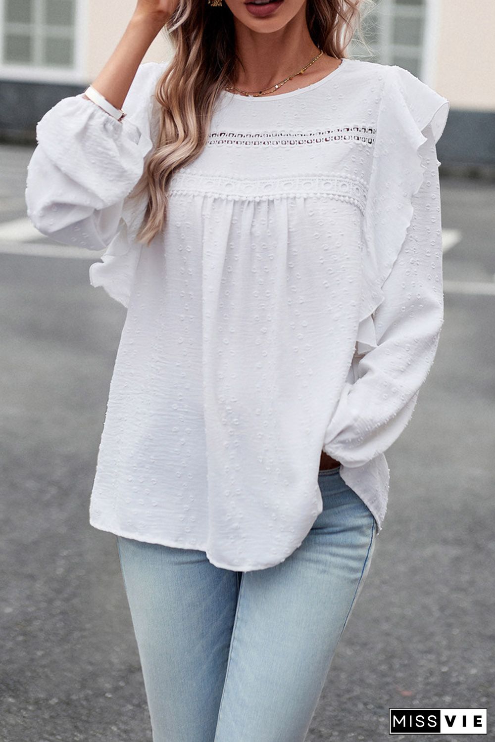 Lace Eyelet Ruffle Shoulder Long Sleeve Blouse