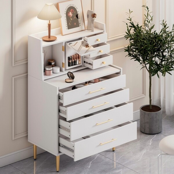 Modern Vanity Makeup Table with Mirror and Retractable Table， Storage Dresser with 7 Drawers and Hidden Storage for Bedroom - - 37828092