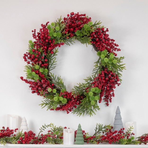 Frosted Pine And Red Berry Christmas Garland Unlit