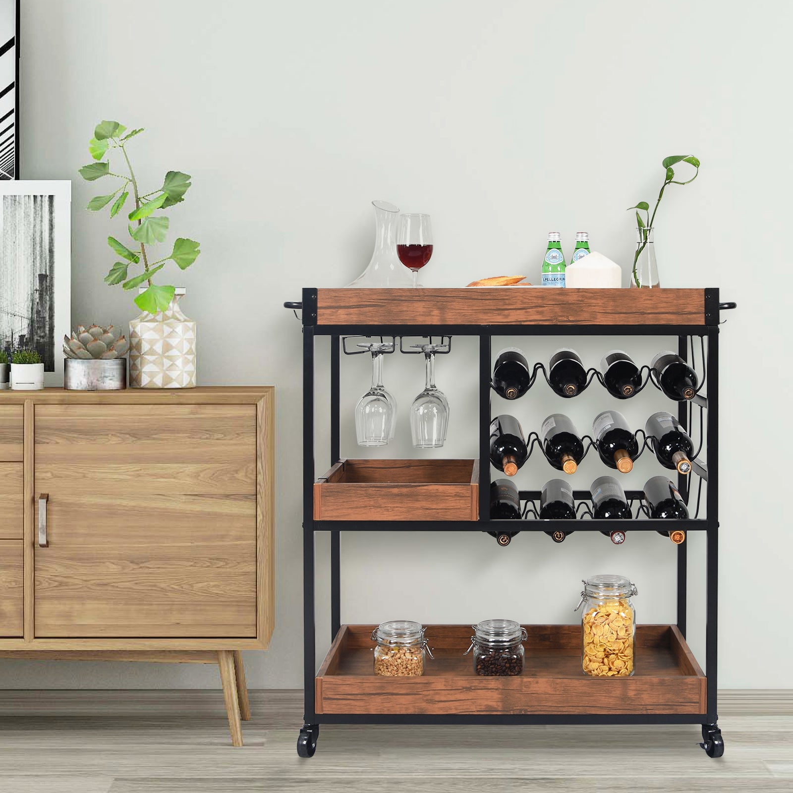 NSdirect 3-Tier 35.2'' Rolling Bar Cart， Industrial Mobile Kitchen Serving Trolley Cart with Wheels， Wine Rack， Glass Holder， Open Shelf， Removable Tray and Handles， Rustic Brown