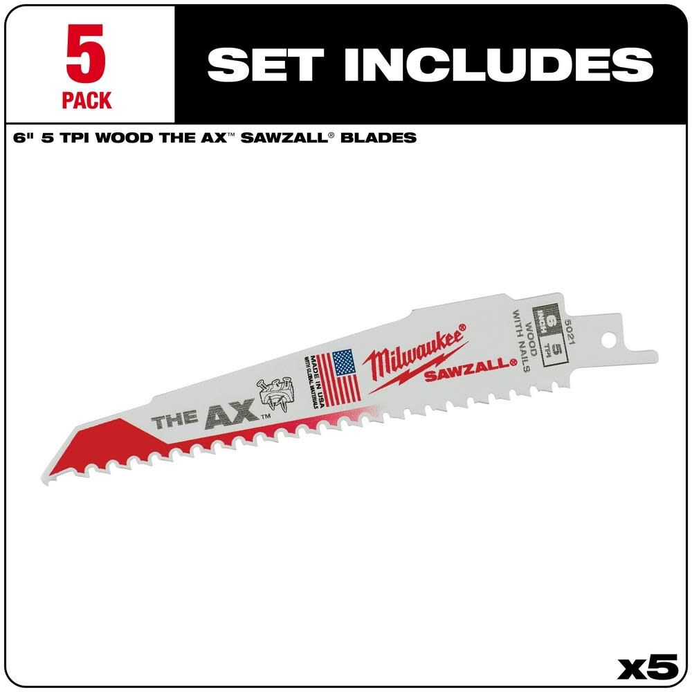 MW 6 in. 5 TPI the Ax SAWZALL Blades 5PK 48-00-5021 from MW