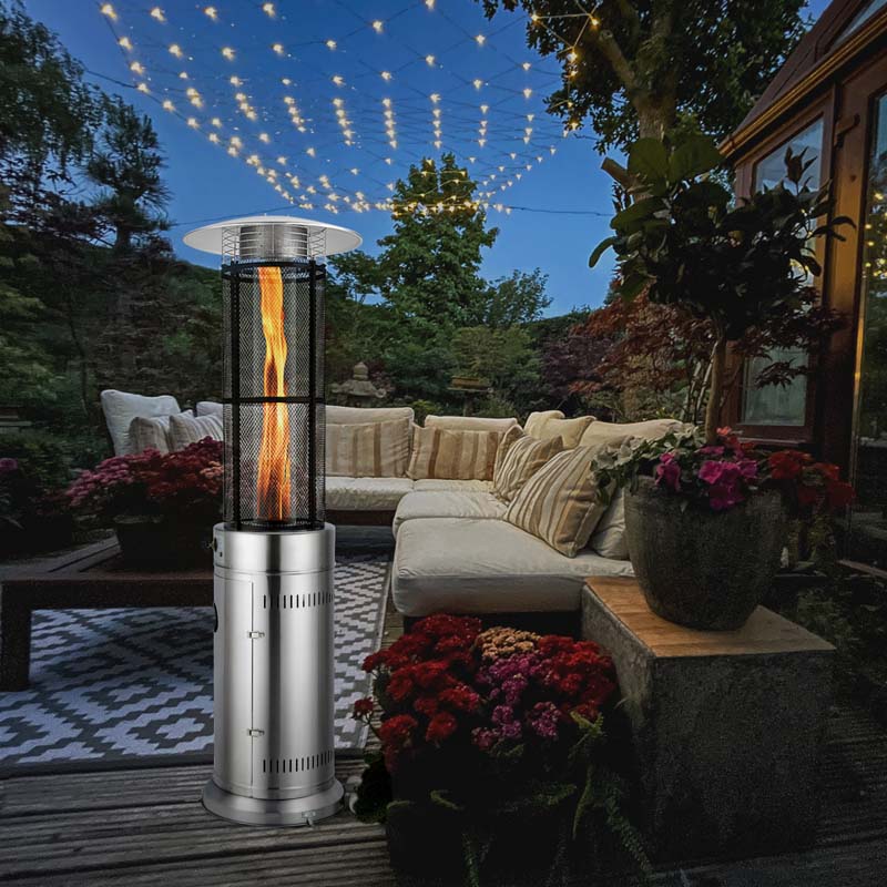 34,000BTU Standing Propane Patio Heater with Wheels, Stainless Steel Round Glass Tube Gas Outdoor Heater