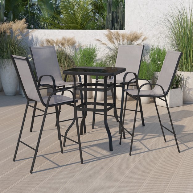 Emma And Oliver 5 Piece Outdoor Bar Height Set glass Patio Bar Table all weather Barstools