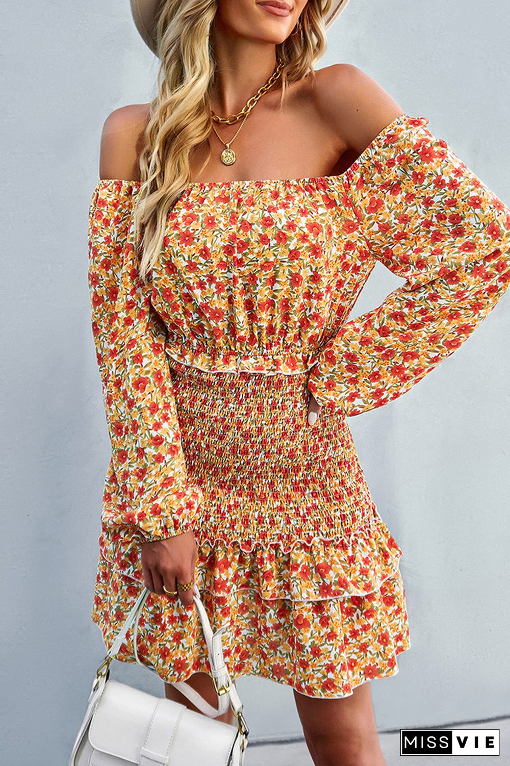 Off Shoulder Smocked Ruffle Floral Dress