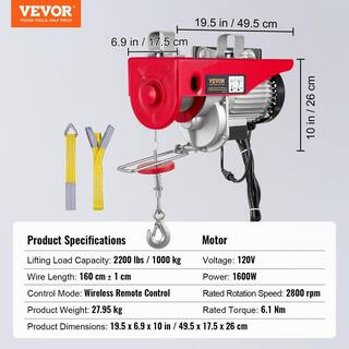 VEVOR 2200 lbs. Electric Chain Hoist 1600W 110V Electric Steel Wire Winch with Wireless Remote Control for Garage Warehouse DD2200LBS52FTOT3RV1