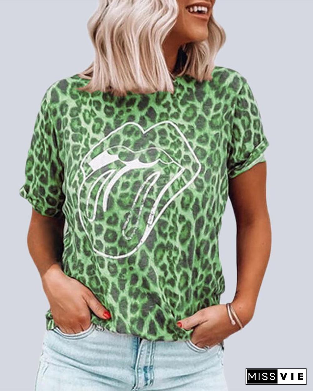 Leopard Lip Print Casual  T-Shirt P13110