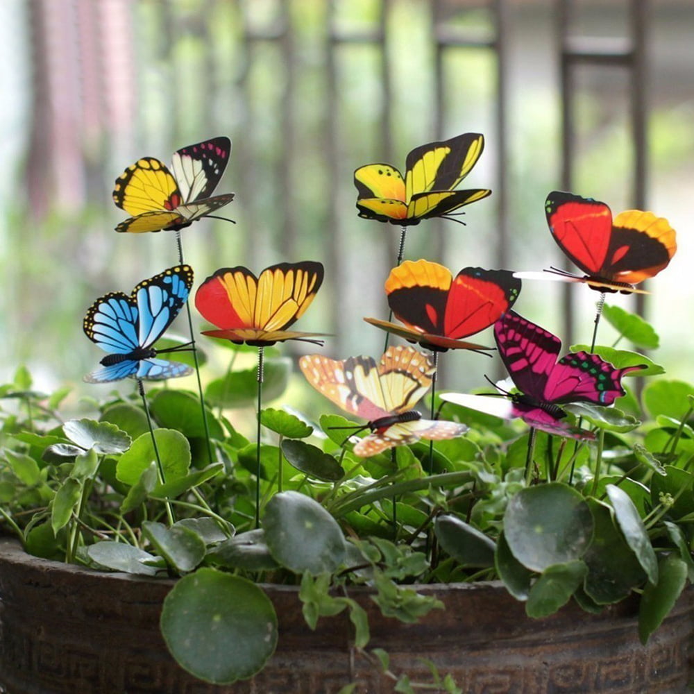 Willstar 24Pcs Garden Butterfly Stakes Outdoor Yard Planter Flower Pot Bed Ornaments Decor Butterflies on Metal Wire Plant Stake