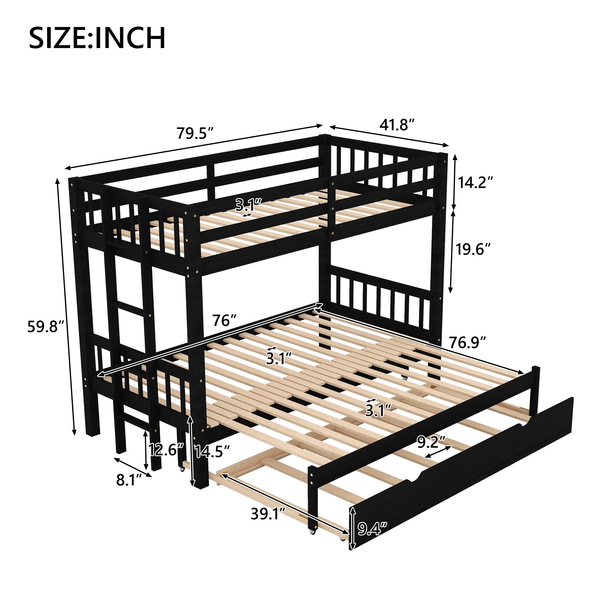 Euroco Wood Twin Over Twin Bunk Bed with Trundle for Kids Room, Espresso