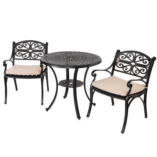 Nuu Garden Patio 3Piece Cast Aluminum Bistro Set with Umbrella Hole and Cushions