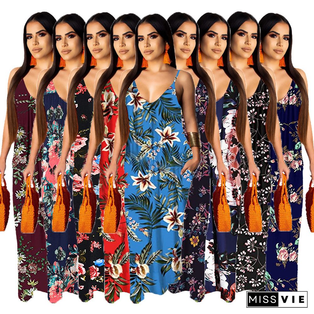 Hot Style Women's Summer Boho Floral Print Sleeveless V Neck Loose Long Maxi Party Beach Dress