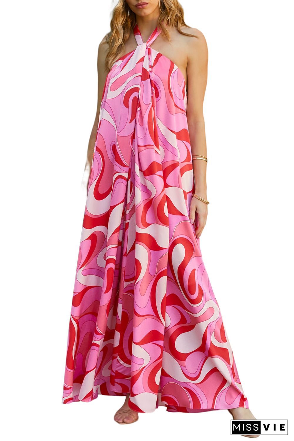 Pink Abstract Swirl Print Halter Maxi Dress