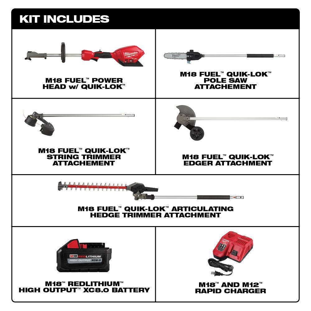 MW M18 FUEL 18 V Lithium Ion Cordless Brushless String Grass Trimmer 8.0Ah Kit with Pole Saw Hedge Trimmer Edger 2825-21ST-49-16-2718-49-16-2719-49-16-27