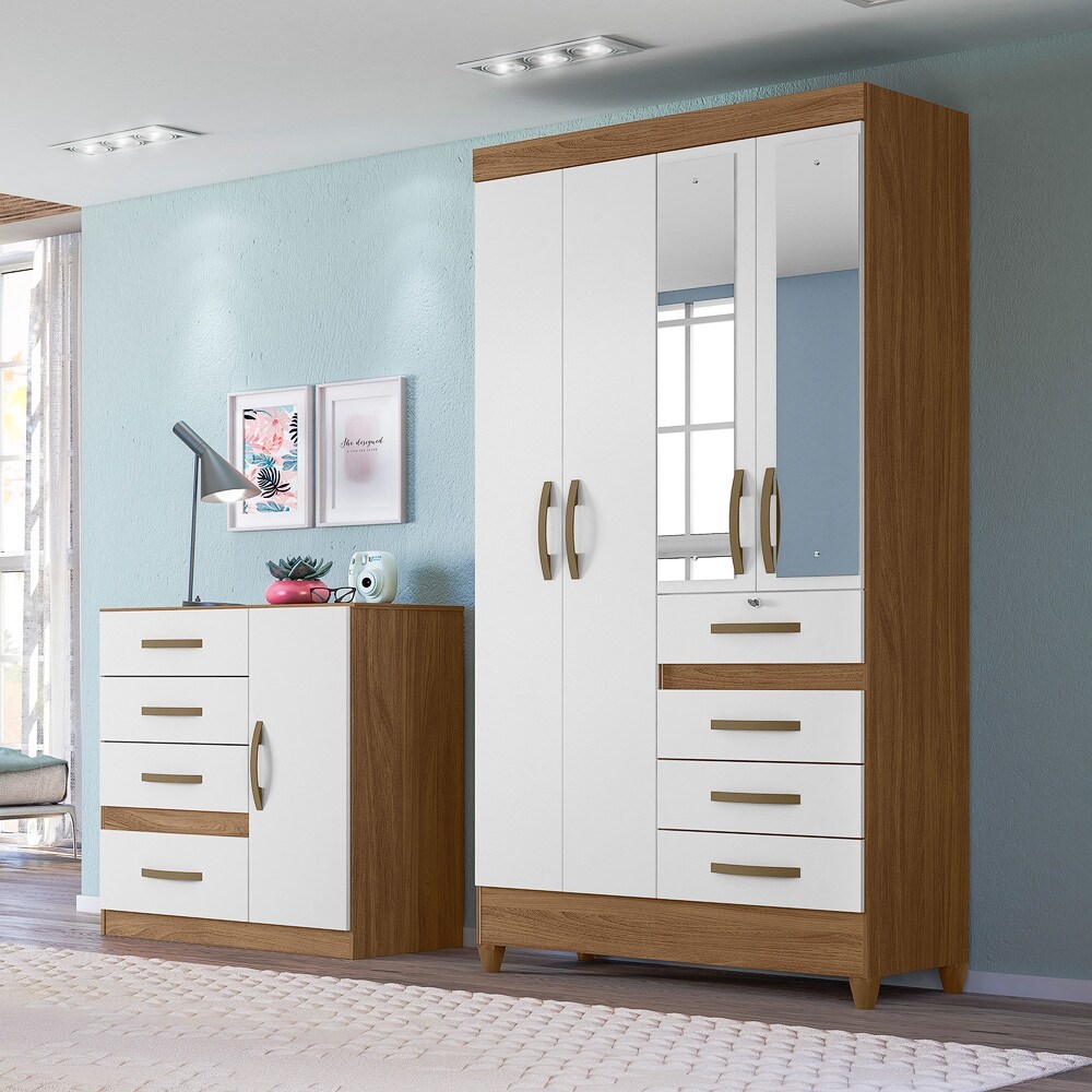 Wardrobe Sobral Naturale/White + Mirror  Legs   Lock High quality  durable  simple atmosphere Armoires for bedroom