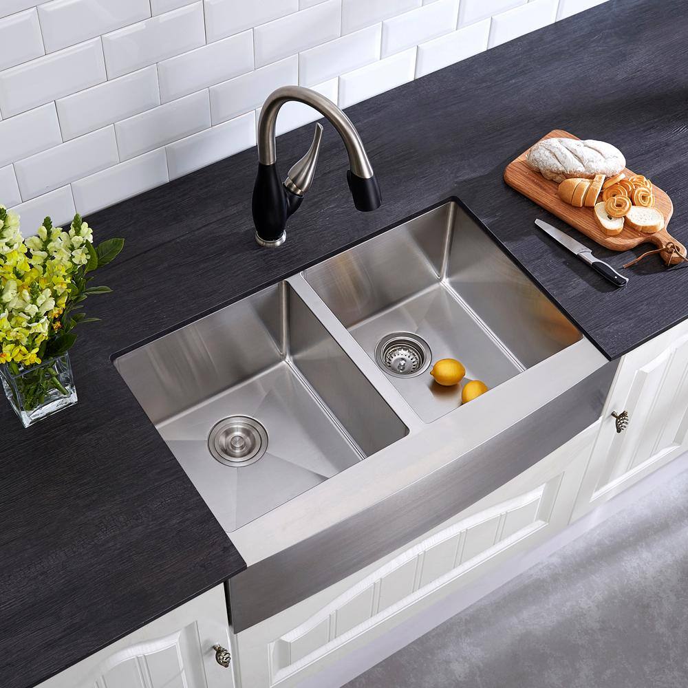 Glacier Bay Professional 33 in. Farmhouse Apron-Front 16 Gauge 5050 Double Bowl Stainless Steel Kitchen Sink with Accessories 4126F