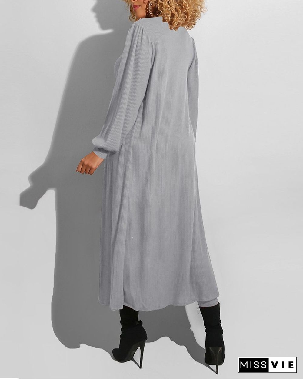 Solid Ribbed Bodice Jumpsuit With Lantern Sleeve Coat