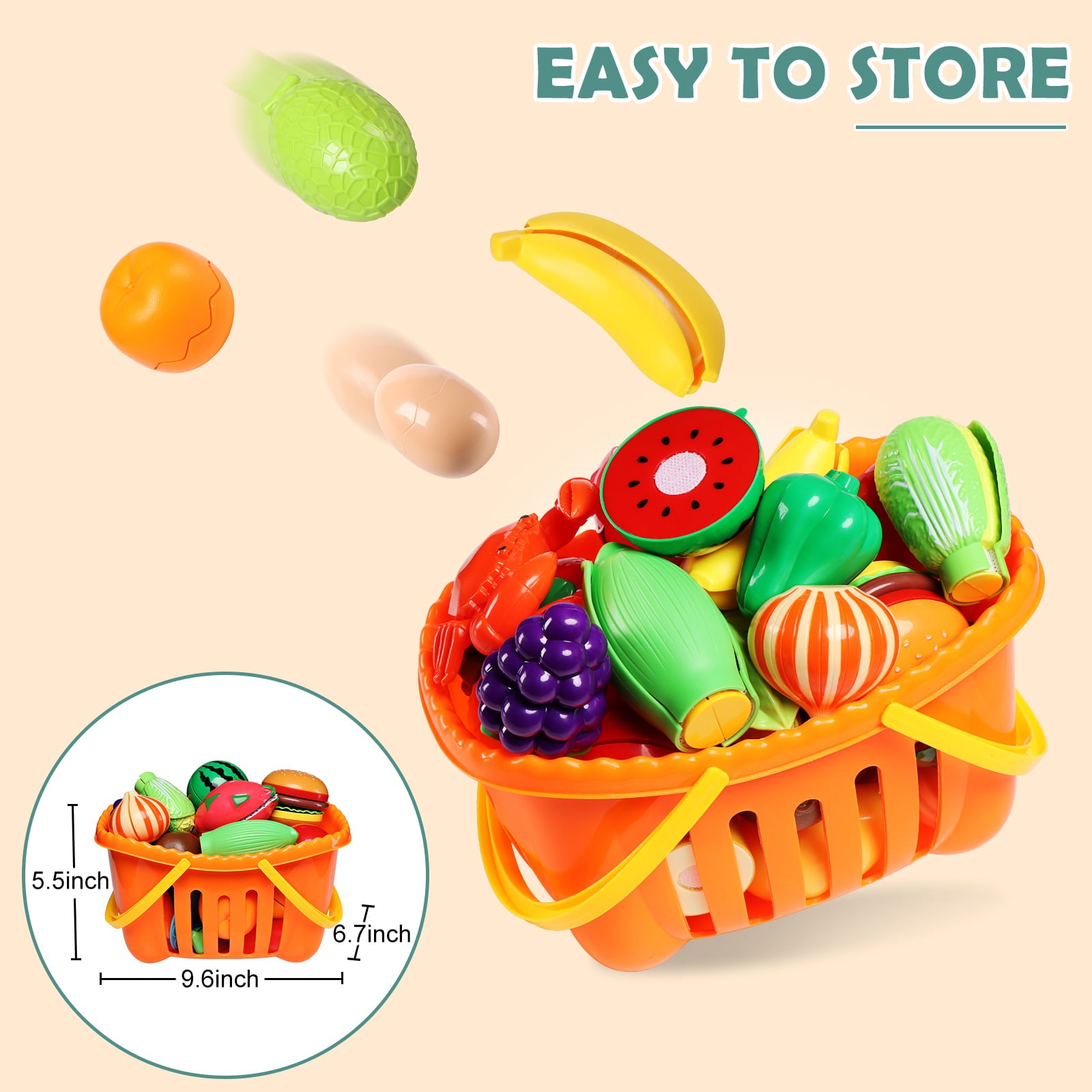 88pcs Cutting Play Food Sets for Kids, Pretend Play Kitchen Toys Accessories Educational Toy Food with Storage Basket