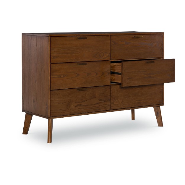 Reid Mid century Modern Wood 6 Drawer Chest Dresser Walnut Linon