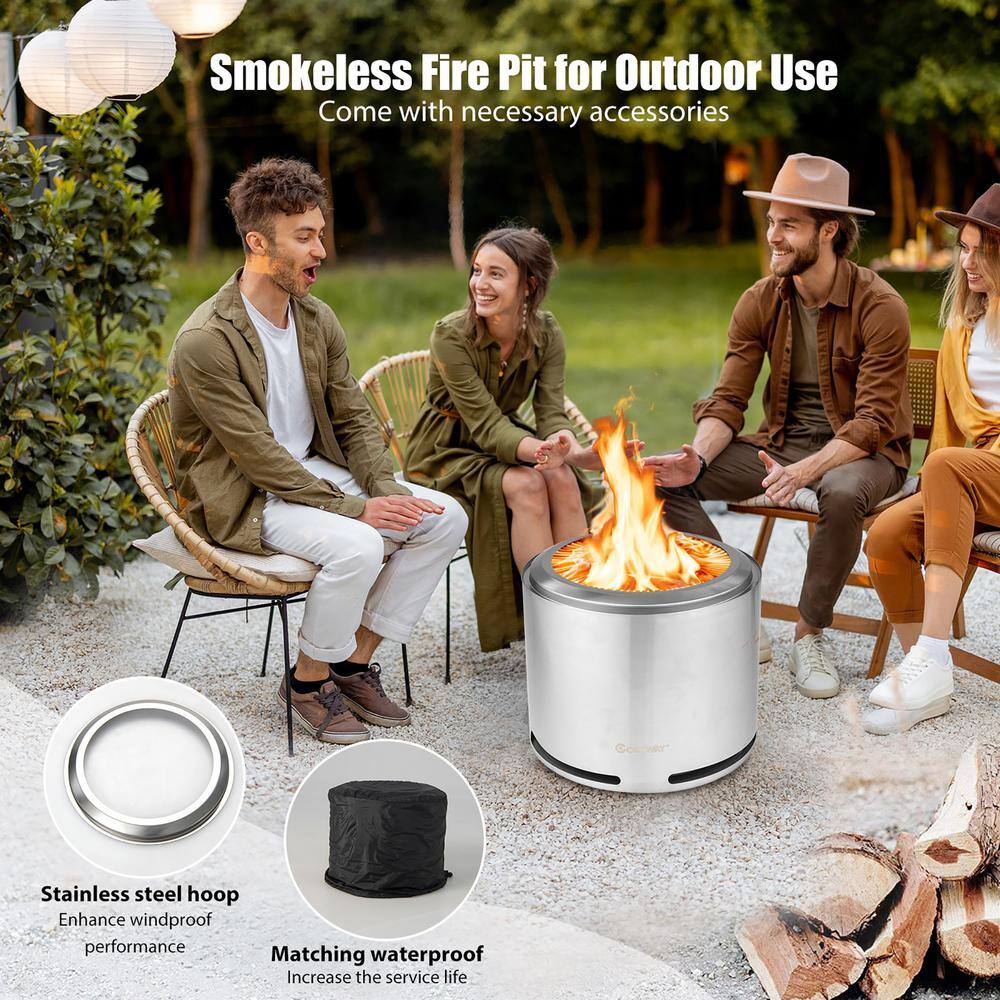 Costway 18.5'' Smokeless Fire Pit 304 Stainless Steel Stove Bonfire with Waterproof Cover NP10722