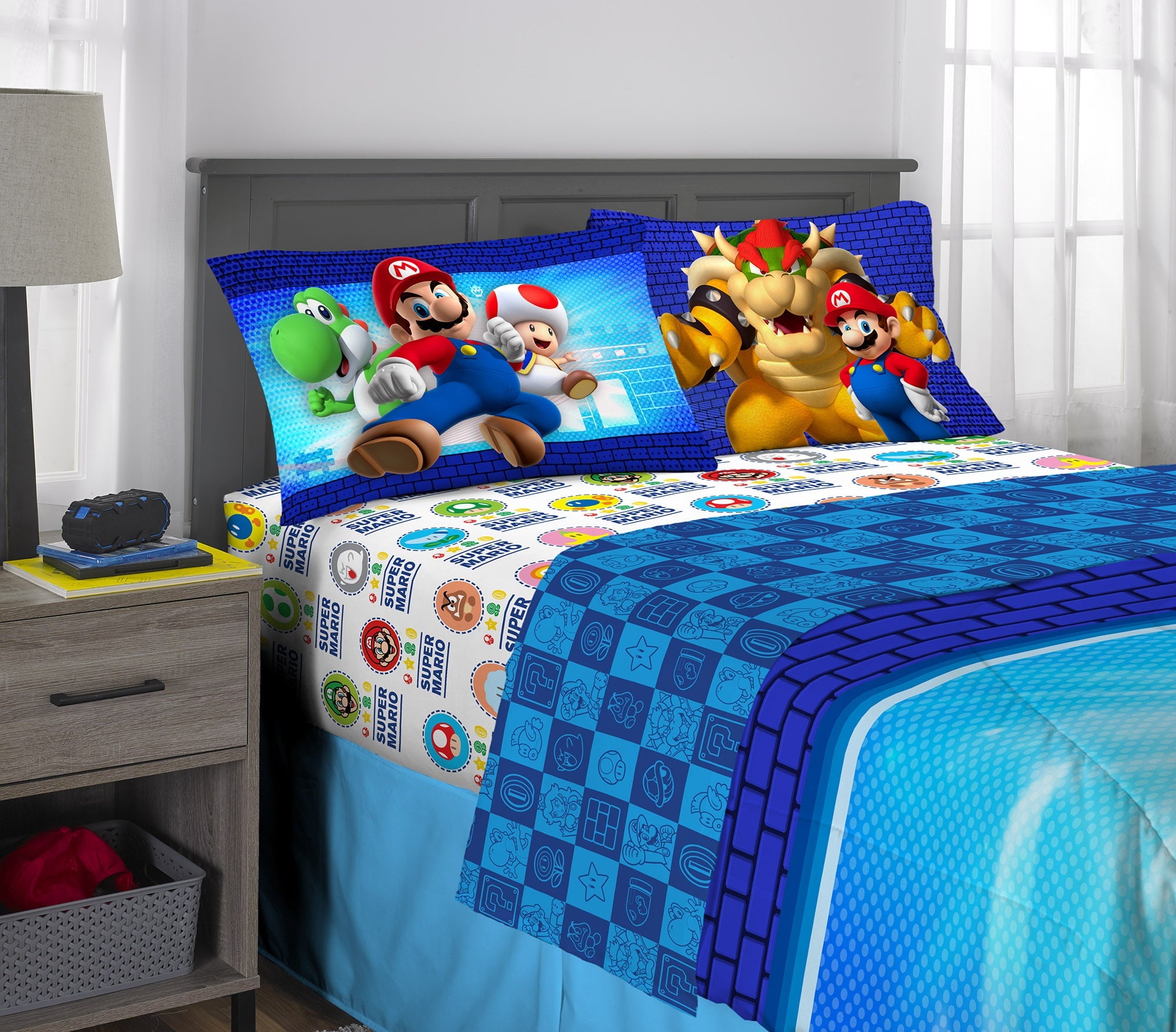 Super Mario Kids Full Bed in a Bag, Gaming Bedding, Comforter and Sheets, Blue, 