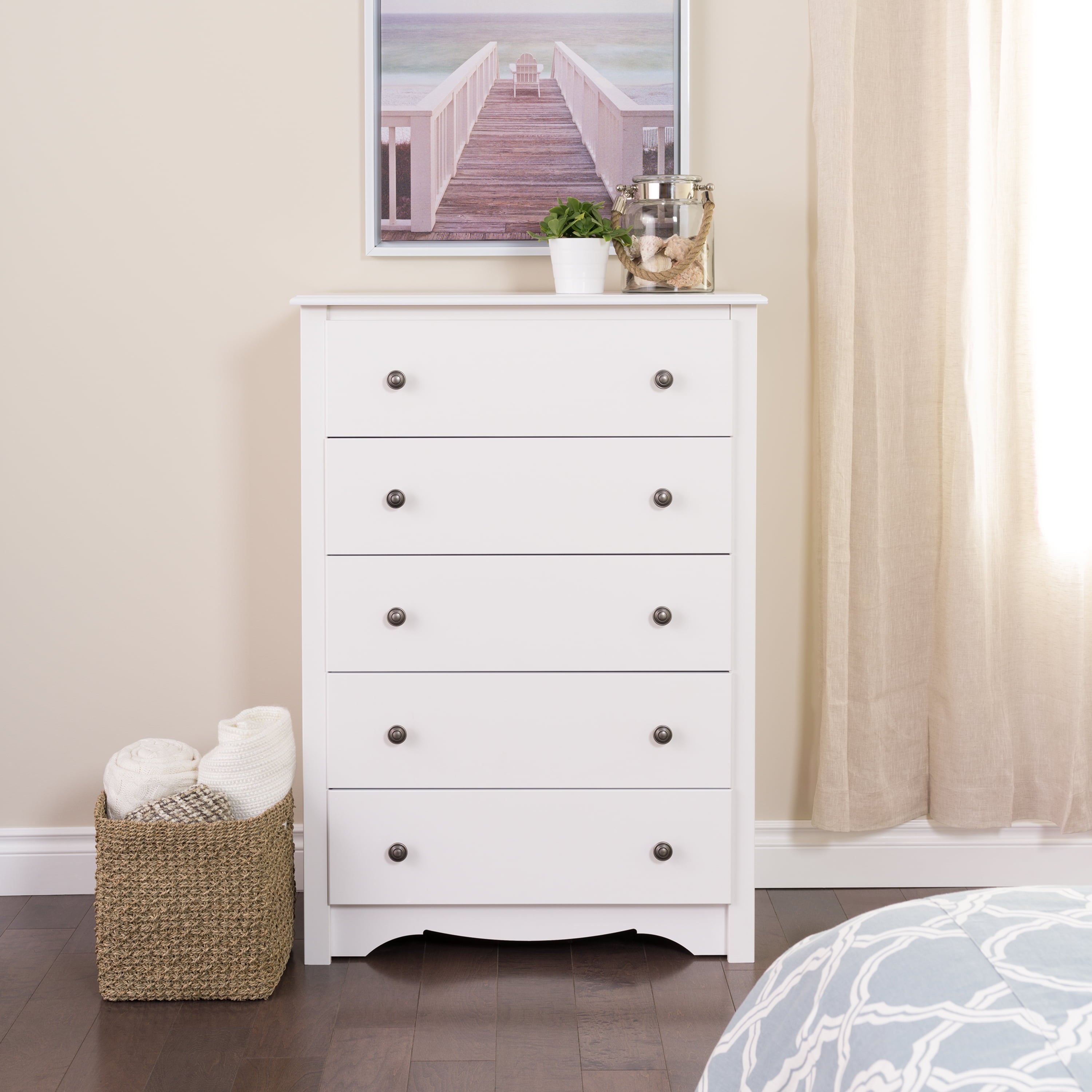 Prepac Monterey 5 Drawer Wooden Dresser Chest, 16" x 31.5" x 45.25", White