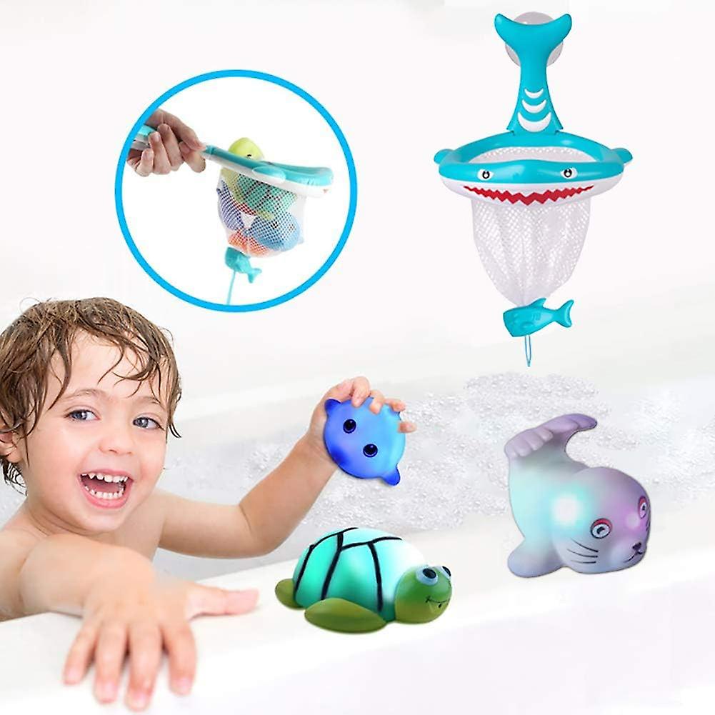 Shark Hoop and 3 Pcs Light Up Animal Bath Toy - Auto Flashing Floating Bathtub Toys For Infant Kids Toddler Child Boy Girl