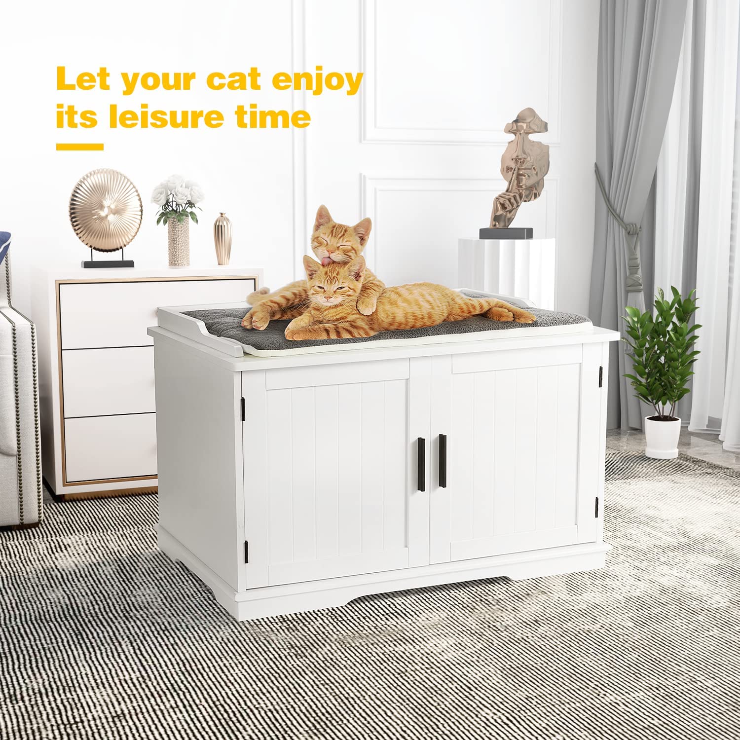 Yoleny 34'' Cat Litter Box Enclosure， Multi-Function Cat Litter Cabinet with Soft Cushion Pillow， Indoor Cat Houses