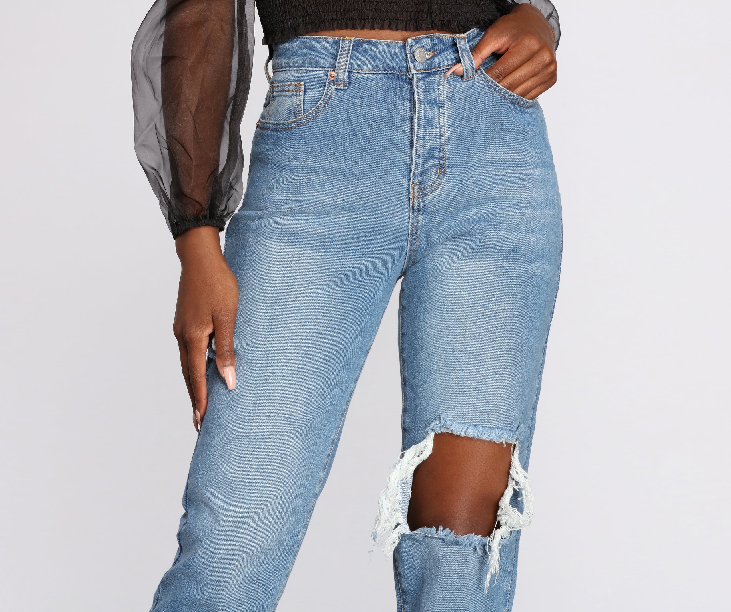 High Rise Destructed Straight Leg Jeans