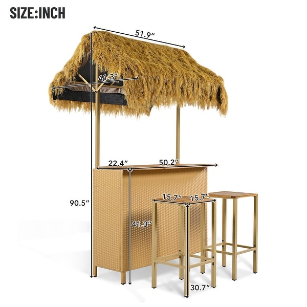 Outdoor Bar Height Patio Set with PE Grass Canopy and Adjustable Feet