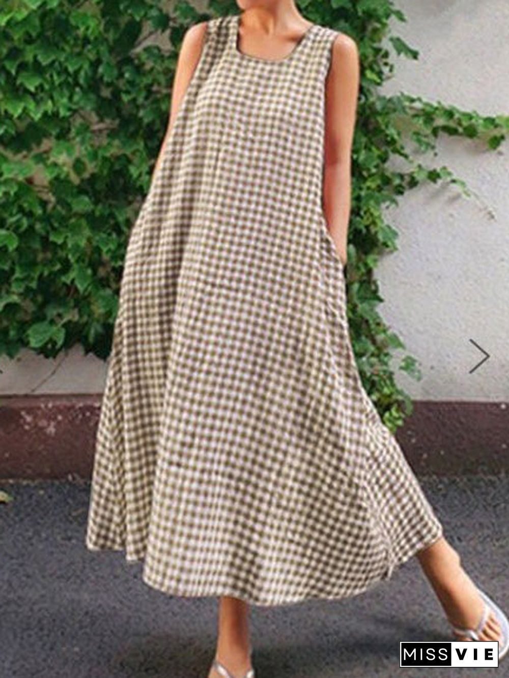 Women'S Dresses Loose Check Pocket Sleeveless Maxi Dress