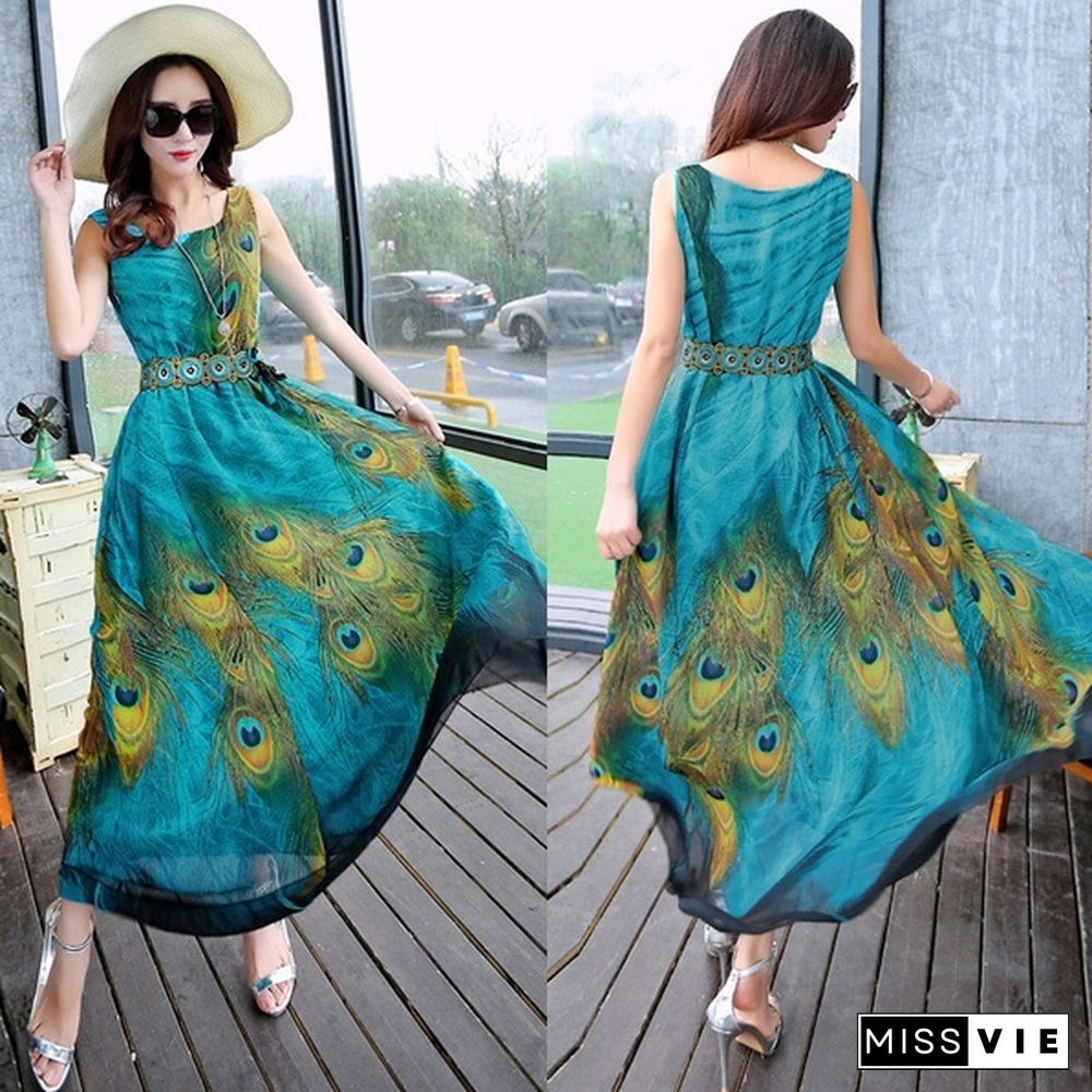 Women Chiffon Plus Sleeveless Tunic Peacock Floral Long Maxi Dress Sundress