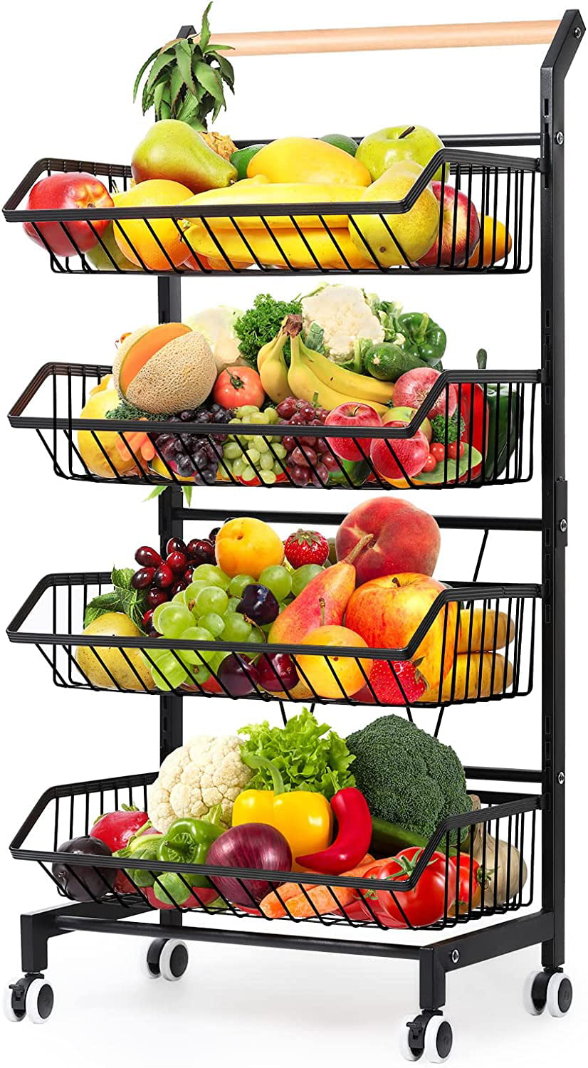 4 Tier Fruit Vegetable Storage Basket Rolling Cart with Handle and Wheels， Black