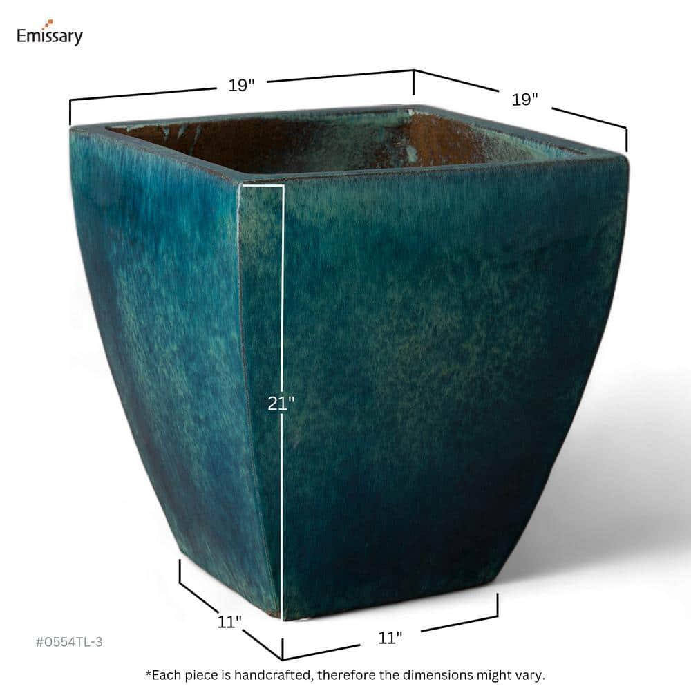 Emissary 19 in. L x 21 in. H Teal Ceramic Square Planter with Drainage Hole 0554TL-3