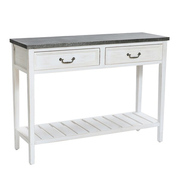 Farmhouse Distressed White Wood and Galvanize Top Console Table - 31.5