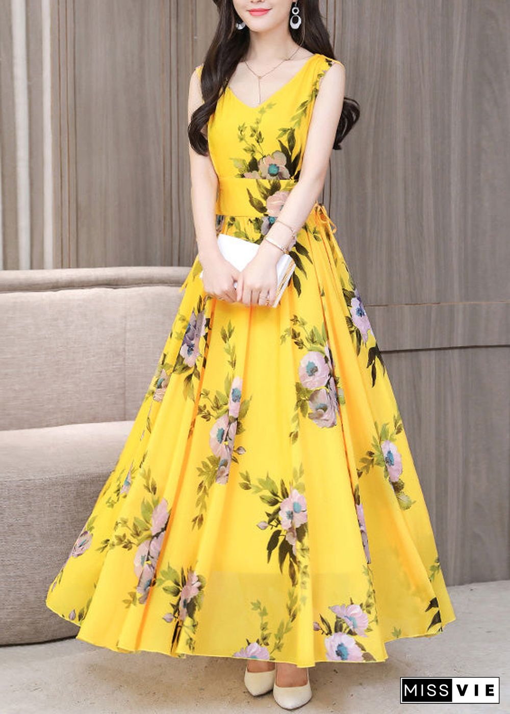 Vogue Yellow V Neck Print Chiffon Long Dresses Summer