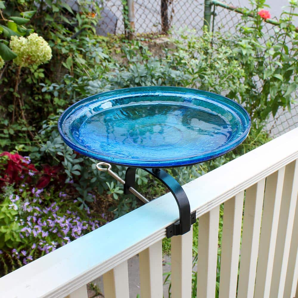 ACHLA DESIGNS 14 in. Dia Round Teal Blue Crackle Glass Birdbath with Black Wrought Iron Over Rail Bracket CGB-14T-OR2