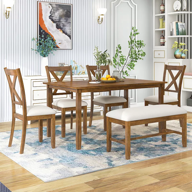 Merax 6-Piece Kitchen Dining Table Set Wooden Rectangular Dining Table， 4 Fabric Chairs and Bench Family Furniture