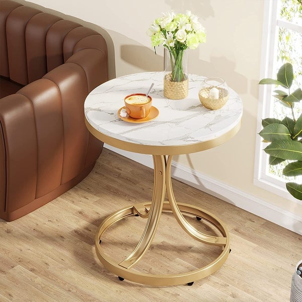 White/ Gold Modern Round End Side accent Table with Faux Marble Top， C Shaped Gold Legs Entryway Tables